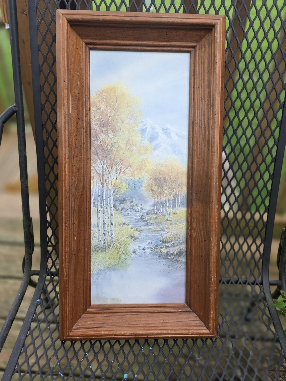 Vintage Landscape Painting with Birch Trees and Stream - Brown Frame